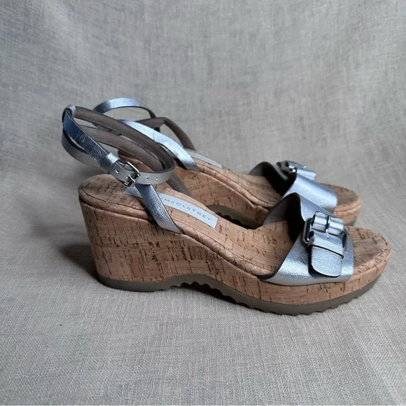 Stella McCartney Linda Cork Platform Metallic Silver Strappy Sandals 37